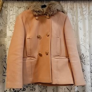 double breasted faux fur trim hood coat Camel